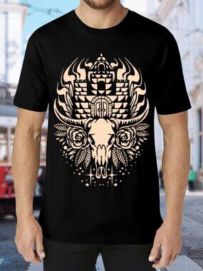 Black Graphic Tee with Beige Skull & Floral Crest